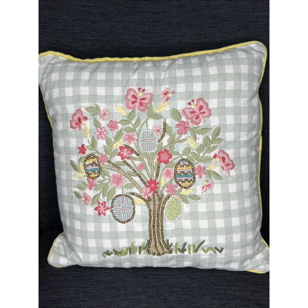 Pier 1 Beaded Accent Pillow Gingham Easter Egg Tree 16 in Square Spring